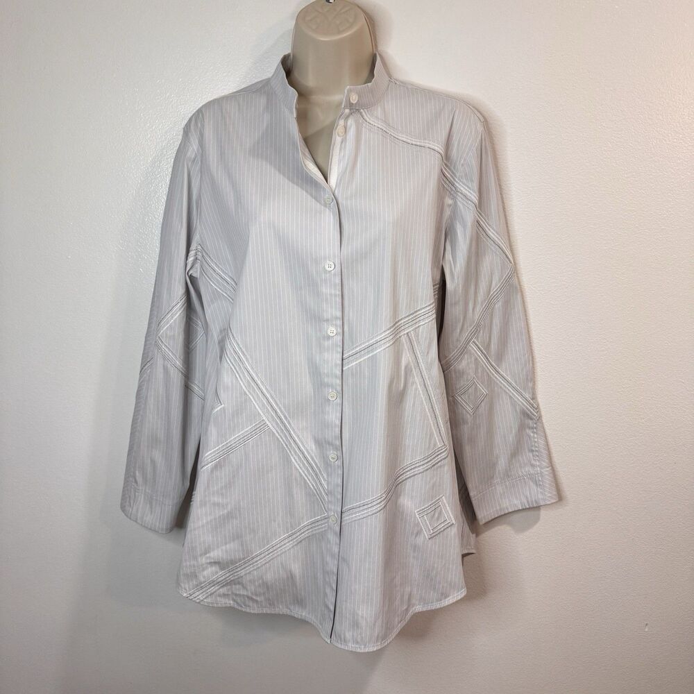 Lafayette 148 New York Shirt Tunic M Button Front Gray White Stripe Metallic